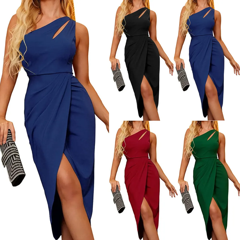 Women's Summer Sexy One Shoulder Cutout Ruched Bodycon Sleeveless Slit Party Dresses