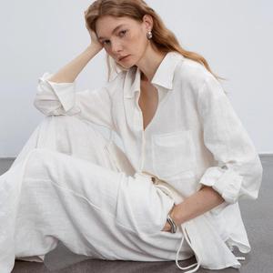 Camicia a maniche lunghe e <span class=keywords><strong>pantaloni</strong></span> dritti con motivo solido Set a due pezzi di <span class=keywords><strong>lino</strong></span> Casual alla moda - Product Image 4