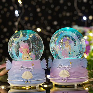 Boules à neige sirène boîte à musique enfants LED-Lit automatique effet de neige fée Style boule de verre décoration de noël cadeau résine - Product Image 1