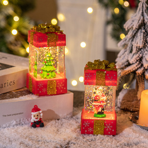 LINGKAI Xmas Gift <b>Box</b> Shape LED Swirling Glitter Water Light Glowing Santa Claus Snowman Lantern Tabletop <b>Christmas</b> Ornament - Product Image 3
