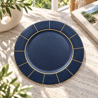 Assiette de Présentation Moderne de Luxe 13 pouces en Plastique, Motif Géométrique Bleu Marine et Or Imprimé UV, pour Mariages et Banquets