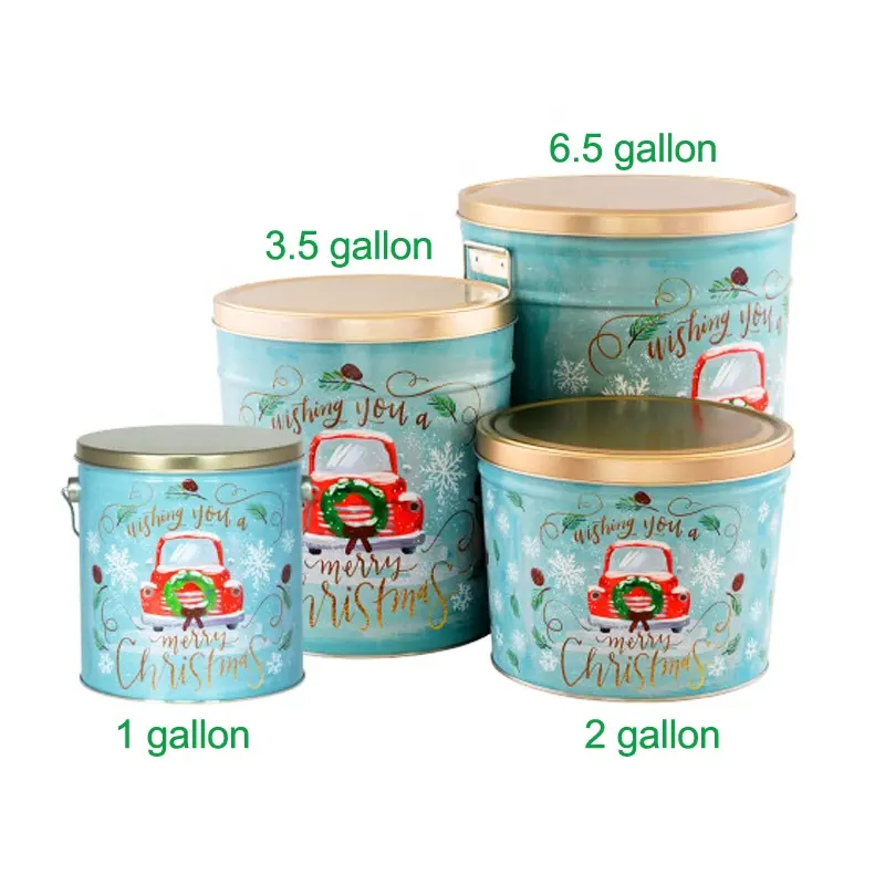 Hot Bán Tùy Chỉnh Thực Phẩm Dập Nổi Cấp Lớn Rỗng Vòng Popporin Hộp Container R 1/2/3.5/6.5 Gallon Giáng Sinh Bỏng Ngô Hộp