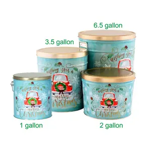 Hete Verkoop Op Maat Gemaakte Food Grade Grote Lege Ronde Popcornblikken Container R 1/2/3.5/6.5 Gallon Kerstpopcornblikken