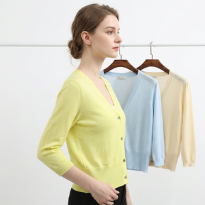 Xinransi Women's Knitted V-Neck Cardigan Three Quarter Sleeve Solid Color Casual Spring <b>Top</b> Sheer <b>Layer</b> Button Front - Product Image 5