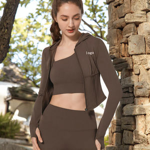 Costume de yoga à capuche à manches longues pour femmes veste d'extérieur à glissière avec motif solide pour Gym Fitness Logo personnalisé en gros - Product Image 2