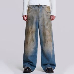 กางเกงยีนส์เดนิมหนาน้ำหนักมากคุณภาพสูงสไตล์วินเทจสั่งทำโลโก้ได้ ล้างสีแบบมัดวอช ขอบขาดๆ ทรงแบ็กกี้สำหรับผู้ชาย ขายส่ง - Product Image 2