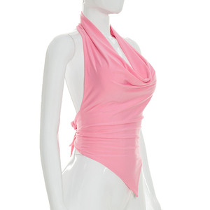 Viviblook J26TP103 Chaleco de verano para mujer, sin mangas, con cuello halter, plisado, con cordones, espalda descubierta, cuello oscilante, color liso, top tipo tank - Product Image 4