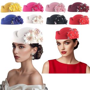 Chapeau Foulard en Feutre PU Style Vintage Européen et Américain pour <span class=keywords><strong>Femme</strong></span>, Coiffe de Cérémonie ou Derby, Béret Souple à Fleurs pour Dames, Quatre Saisons - Product Image 1