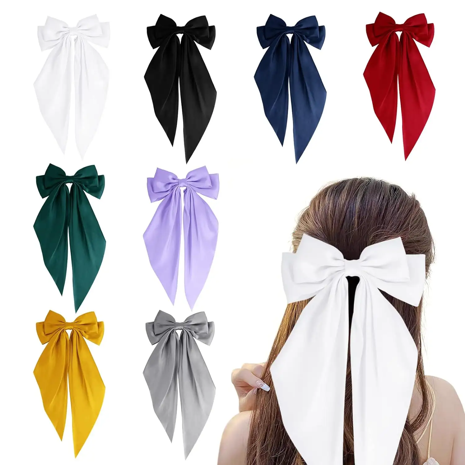 Big Bow Hair Clips Solid Color Bowknot Hairpin French Barrette with Long Silky Satin for Adult Teens Women Hair Accessories