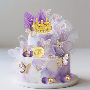 Décoration <span class=keywords><strong>de</strong></span> gâteau couronne dorée, ensemble éventail soleil et <span class=keywords><strong>ailes</strong></span> <span class=keywords><strong>de</strong></span> papillon lilas, lot <span class=keywords><strong>de</strong></span> décoration anniversaire mauve, fournisseur B2B fiable - Product Image 2