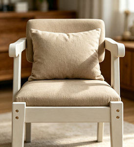 Chaise de bureau en bois massif blanc avec accoudoirs en corne, chaise de salle à manger décontractée à dossier court rembourré en lin beige pour la maison, le bureau ou la chambre d'étudiant - Product Image 4