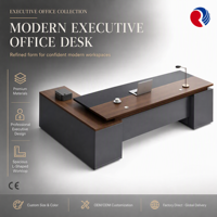 Bureau de direction moderne gris anthracite et noyer bicolore avec passe-câbles rond, panneau de confidentialité intégral, armoire latérale, table de PDG