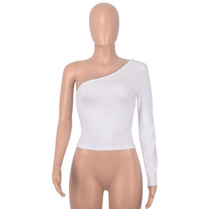 Canale XS-XL Y2K ragazza una spalla manica lunga Slim Fit pianura Crop Top T Shirt Femme 2023 - Product Image 5