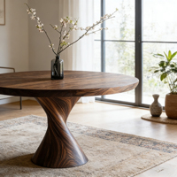 Table à manger ronde en bois naturel minimaliste avec base en spirale pour les intérieurs de maison Wabi-Sabi et Japandi