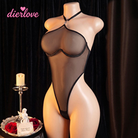Body en résille noire transparente, col licou, avec soutien-gorge à armatures, coupe haute, respirant, sexy, pour tenue de club exotique