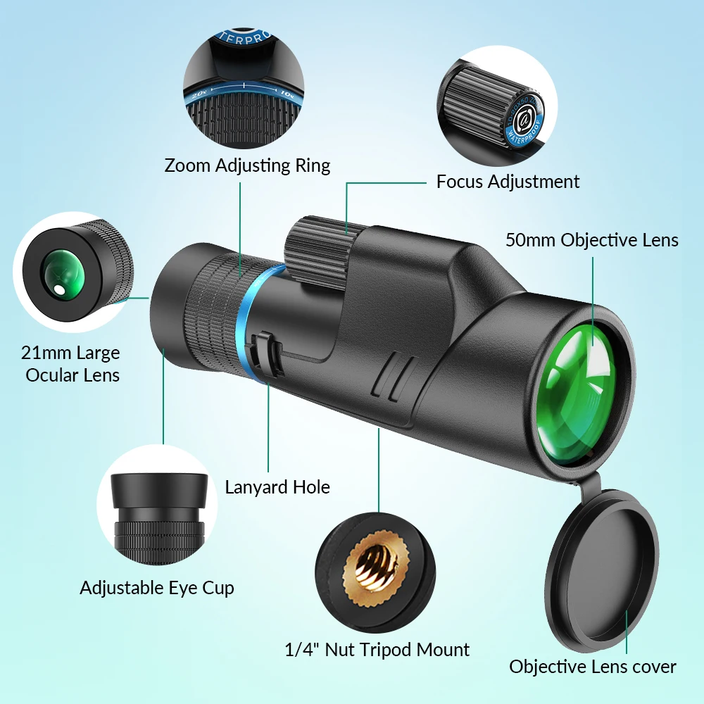 Low Night Vision Waterproof Dual Focus HD Adjustable Monocular Adult Outdoor Powerful Zoom 10-20X Monocular Telescope