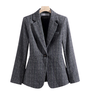 Women's Blazer Light Gray Stripe Polyester Anti-Wrinkle Spring Autumn Style - Product Image 5