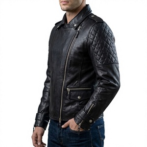 OEM Custom <b>Men</b> Black Leather Biker <b>Jacket</b> Quilted Shoulder Riding Coat Wholesale Low MOQ <b>Men's</b> <b>Jackets</b> - Product Image 2