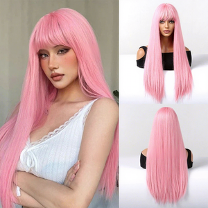 Parrucca Rosa Chiaro con Frangia Dritta, Realizzata a Macchina, <span class=keywords><strong>Capelli</strong></span> Umani <span class=keywords><strong>Veri</strong></span> - Product Image 2