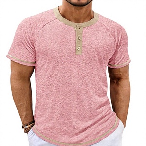 Men's Pink <b>Henley</b> T-<b>Shirt</b> Short Sleeve Knitted Cotton Regular Fit Casual Solid Color Contrast Trim O-Neck - Product Image 1