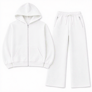 Unisex <b>White</b> Hooded <b>Tracksuit</b> Set Full Zipper Sweatshirt Pants Solid Color Casual Wear Autumn Season 100% Cotton Regular Fit - Product Image 1