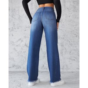2025 pantalones vaqueros holgados de cintura alta rectos de pierna ancha para mujer, pantalones vaqueros largos holgados con dobladillo crudo, diseño transpirable acampanado - Product Image 2