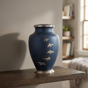 Urna Funeraria de Aluminio Azul, Urna Conmemorativa con Diseño de Pájaro en Vuelo, Florero Decorativo para Cenizas, para Recuerdo en el Cementerio - Artesanía India - Product Image 2