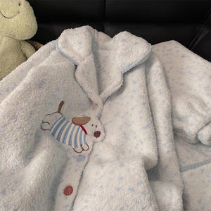 <b>Women</b> Cute Sweet Style Coral <b>Fleece</b> <b>Pajamas</b> Thickened Lined Two Piece Loungewear Set Puppy Design <b>for</b> Spring Autumn Winter - Product Image 3