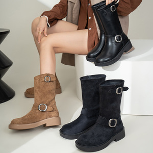 Nuevas Botas de Media Pantorrilla Estilo <span class=keywords><strong>Biker</strong></span> con Hebilla Metálica Retro, Punta Redonda, Aspecto Desgastado, de Microfibra, Impermeables, para Otoño/Invierno - Product Image 1