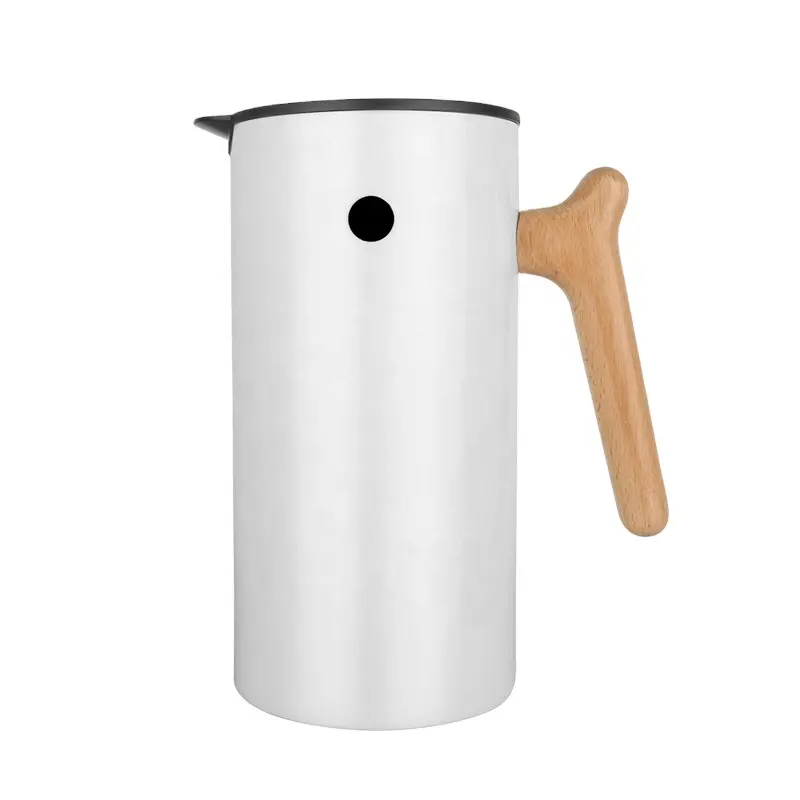 One Hand Operation 1100 ml Straight Shape Double Wall S/S Wooden handle white Coffee pot For Restaurant