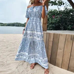 Hot Women Bohemian Dress Off Shoulder Short Sleeve Blue Print Maxi Long Dress Woman Pakistan Fashion