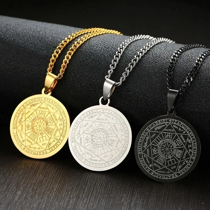 Mens The Seal of The Seven Archangels Necklace 3 Colors Stainless Steel Round Male Pendant Jewelry