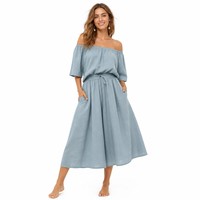 Ensemble de plage pour femme, haut à épaules dénudées en lin mélangé 160GSM avec cordon de serrage et jupe-culotte évasée, style décontracté, OEM XS-5XL