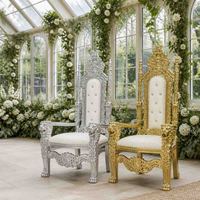 Chaise de trône royale pour roi et reine, dossier haut, ornée de sculptures, cadre doré et argenté, coussin capitonné pour la décoration de mariage, de fête ou d'événement