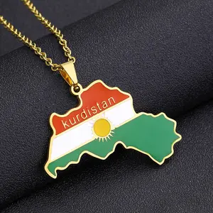 Kalung Rantai Peta Kurdistan Berenamel Baja Tahan Karat Berlapis Emas 18K Kalung Liontin Peta Bendera Nasional Kurdistan