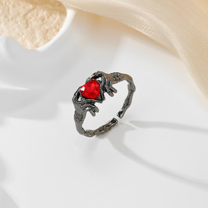 Skeleton Heart Shape Red Stone <b>Open</b> <b>Ring</b> For Women Party Jewelry Claw Setting - Product Image 1
