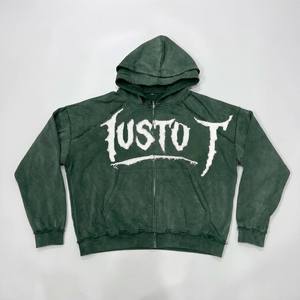 Sudadera con capucha para hombre, personalizada, al por mayor, de algodón grueso, estilo streetwear Y2K grunge, con apliques desgastados y cremallera. - Product Image 3