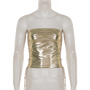 Top sexy metálico con estampado en caliente, estilo bandeau, con cordones, sin mangas, para fiesta, estilo hot girl. - Product Image 6