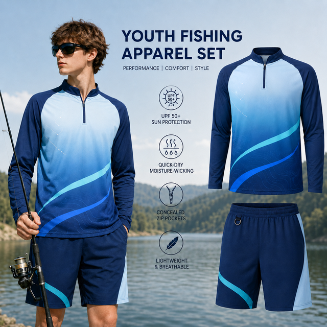 Custom Youth Fishing Apparel Set UPF 50+ Quick Dry Long Sleeve Fishing Shirt and Shorts OEM Sublimation Sportswear