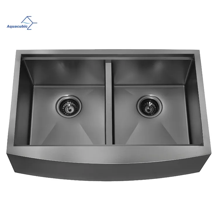 Aquacubic-fregadero de acero inoxidable 304, Nano fregadero de cocina con repisa, doble cuenco, negro, Gunmetal, PVD