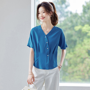 Women's Short Sleeve Shirt Solid Color V Neck <b>Satin</b> <b>Blouse</b> Casual Everyday Wear - Product Image 1