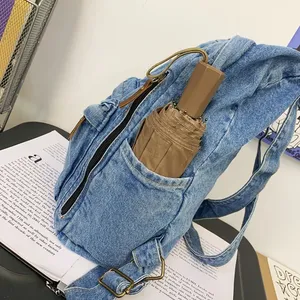 2024 Latest Trend Student School Bag Multi Pockets Large Capacity Blue Rucksack Washed Denim Fashion Backpacks Unisex