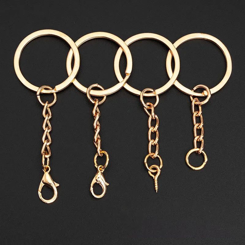 Metal 25/30 mm diy keychains accessories Split key rings chain lobster clip reinforced Flat gold keyring with chain