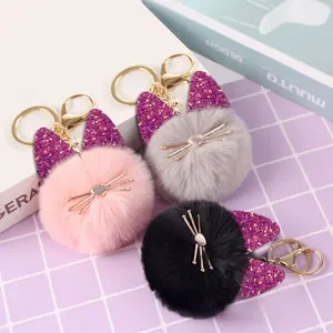 Günstige Promotion Geschenk Kaninchen Pelz Pom Pom Zubehör Pelz Ball Tasche Charme Custom ized Fluffy Plüsch Pelz Ball halter Schlüssel bund