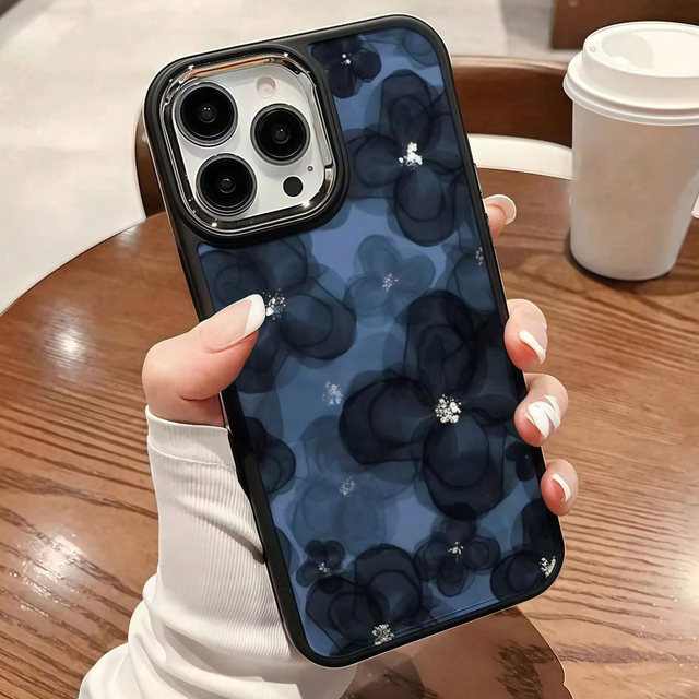 New Blue Painted Dyed Camellia Flowers Phone Case for iphone 17 16 15 Pro Max Electroplated Silver Plated Large Hole Lens Cover