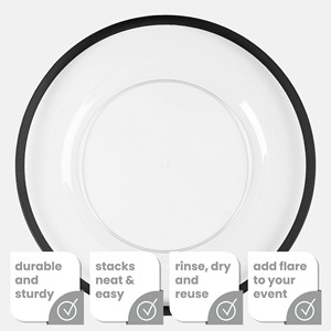 Pabrik grosir pelat pengisi daya bulat dalam hitam bening untuk pernikahan-keramik kaca melamin PS <span class=keywords><strong>PC</strong></span> bahan ringan - Product Image 3