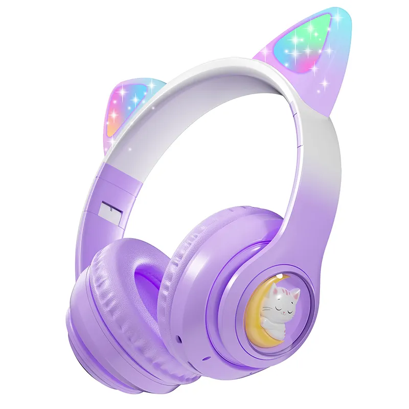 2024 중국 새로운 RGB LED 조명 이어폰 헤드셋 무선 이상 귀 고양이 소녀를위한 어린이 헤드폰