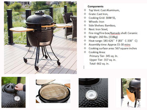 Auplex Premium OEM Céramique <span class=keywords><strong>Kamado</strong></span> <span class=keywords><strong>Joe</strong></span> 24 pouces Fumoir à viande BBQ Grill d'extérieur avec chariot et surface antiadhésive - Product Image 6