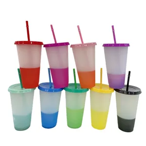 Großhandel bunte 5Pcs 16 oz kalte Tassen wieder verwendbare Kunststoff-Trinkbecher 24 oz Farbwechsel becher mit Deckel und Strohhalm