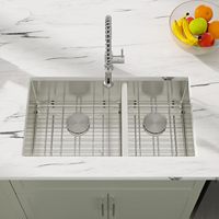 Évier de cuisine NEXGRAND 33 pouces à double bac rectangulaire sous plan, division 60/40, avec égouttoir, 3 mm, personnalisable, fait main, finition satinée